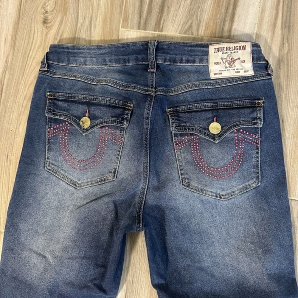 True Religion Jeans Becca pink Crystal Studs Flap Bootcut SZ 30X31 Bling Western
